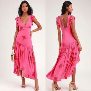 Free People she's a waterfall floral ruffle maxi dress in pink combo
